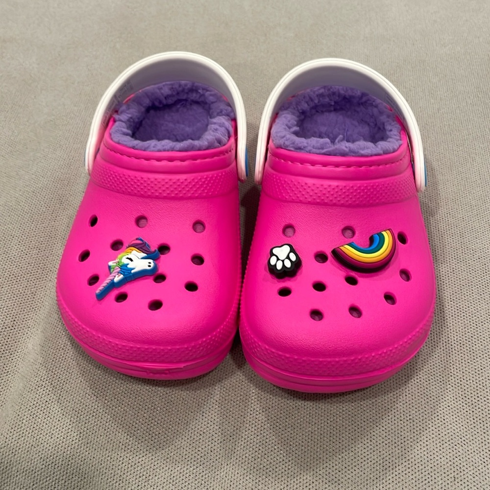 Never worn C9 Toddler girl fuzzy Crocs with widgets!